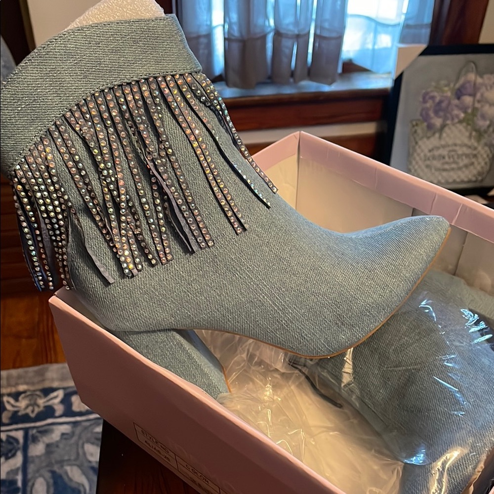 TOP Moda Blue Heeled Boots with Rhinestone Fringe